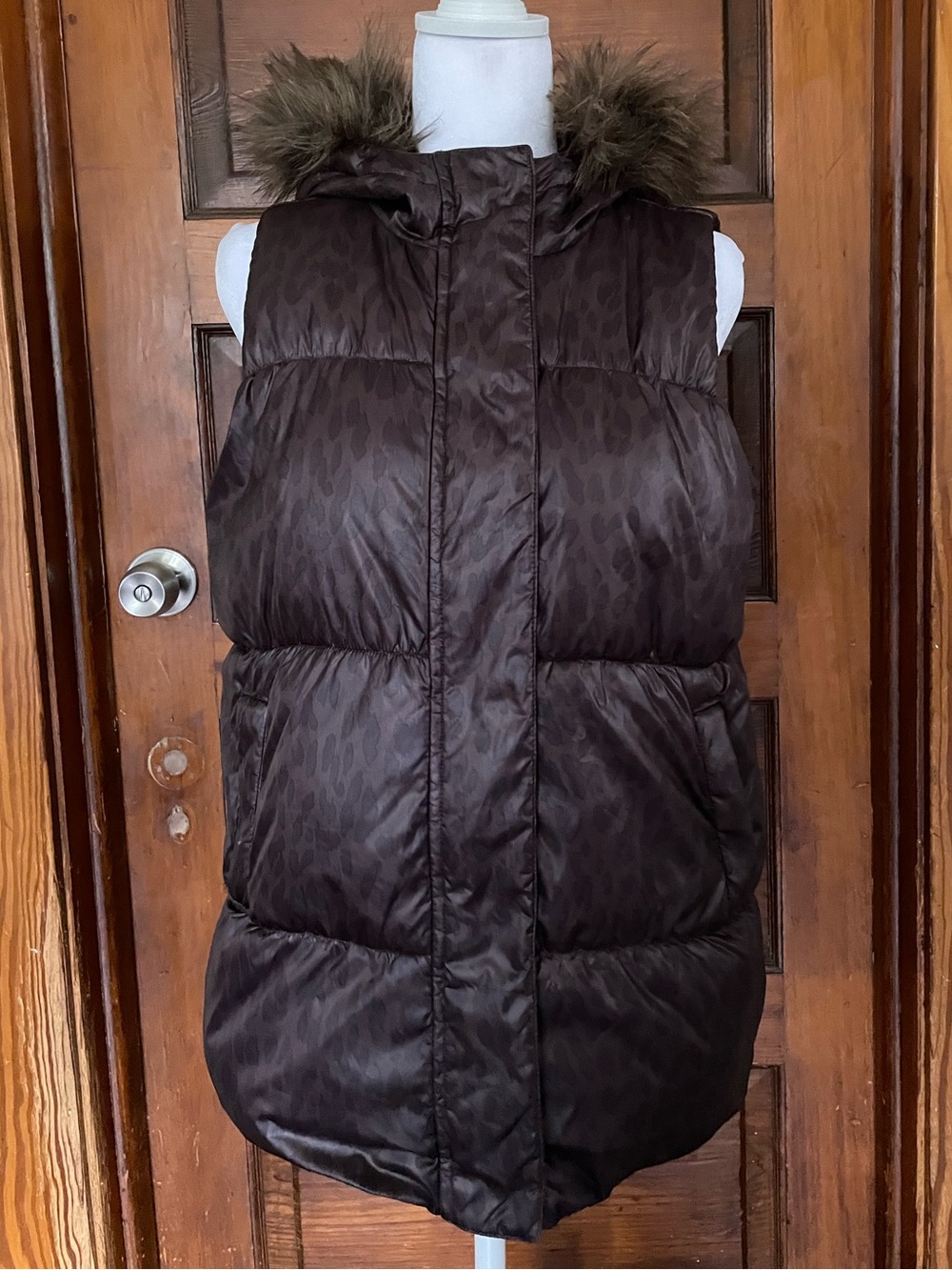GAP Brown Puffer Vest with Faux Fur Trim Hood